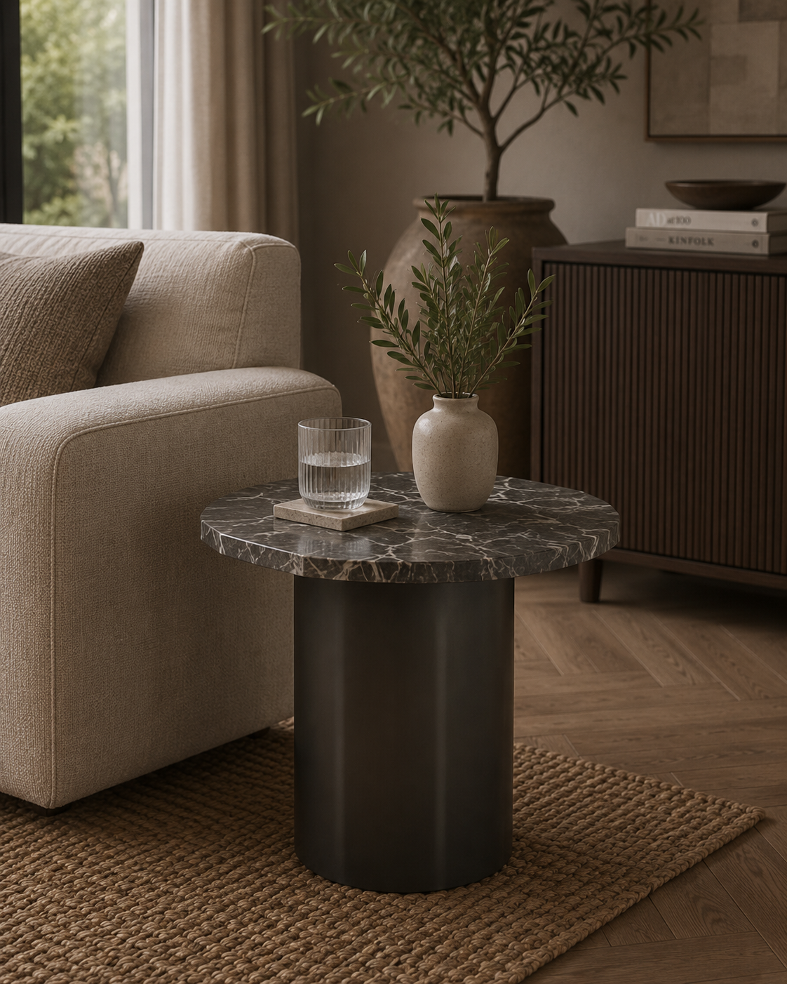 Bijzettafel Bari in marmer en Gun Black-roestvrij staal in een interieur