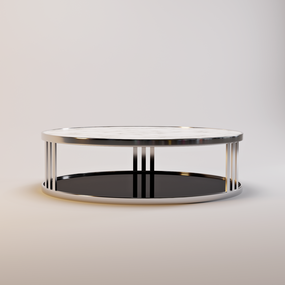 Salontafel Fabrio in wit marmer, rookglas en gepolijst metaal – productafbeelding