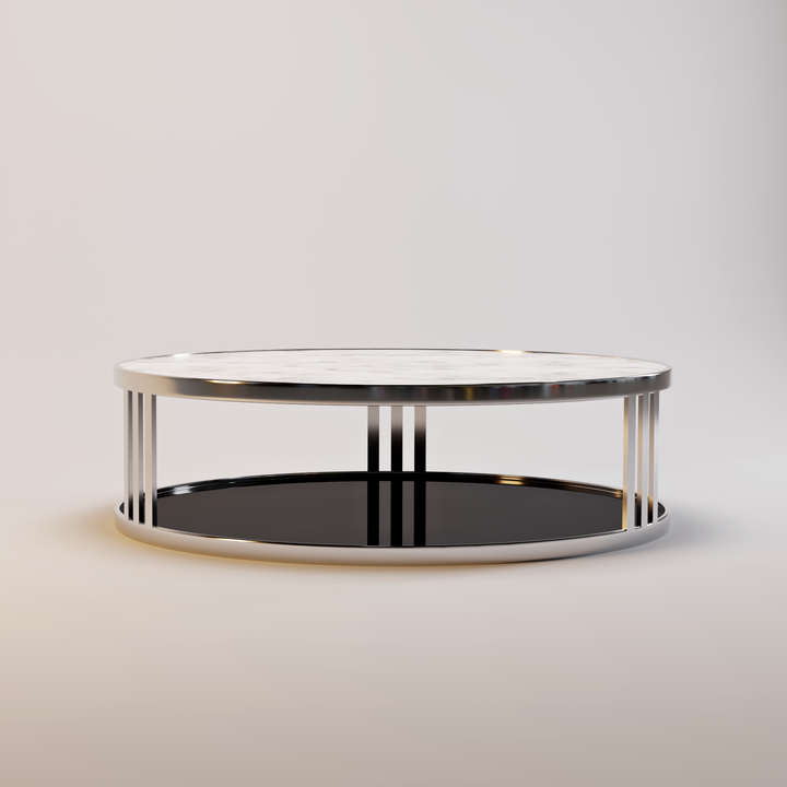 Salontafel Fabrio in wit marmer, rookglas en gepolijst metaal – productafbeelding