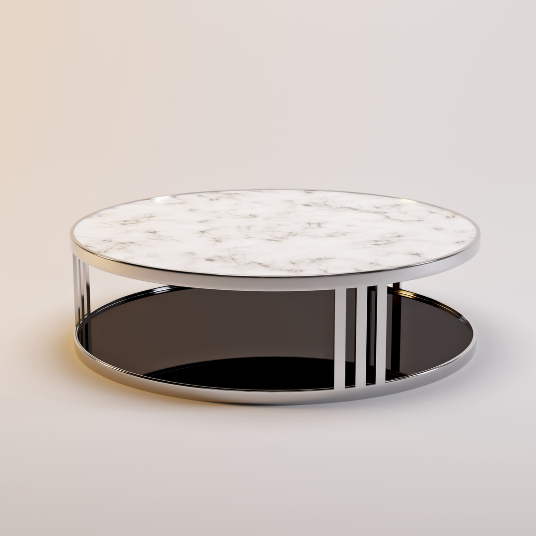 Salontafel Fabrio in wit marmer, rookglas en gepolijst metaal – productafbeelding