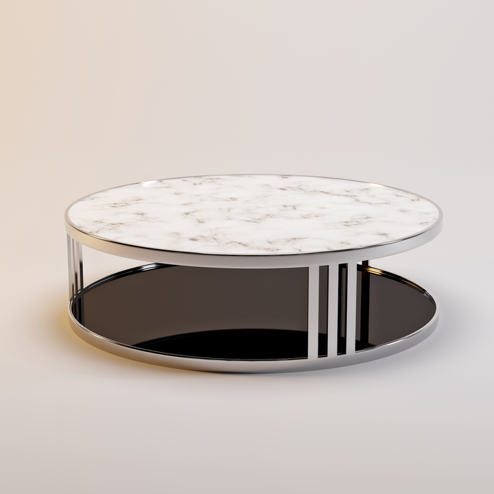 Salontafel Fabrio in wit marmer, rookglas en gepolijst metaal – productafbeelding