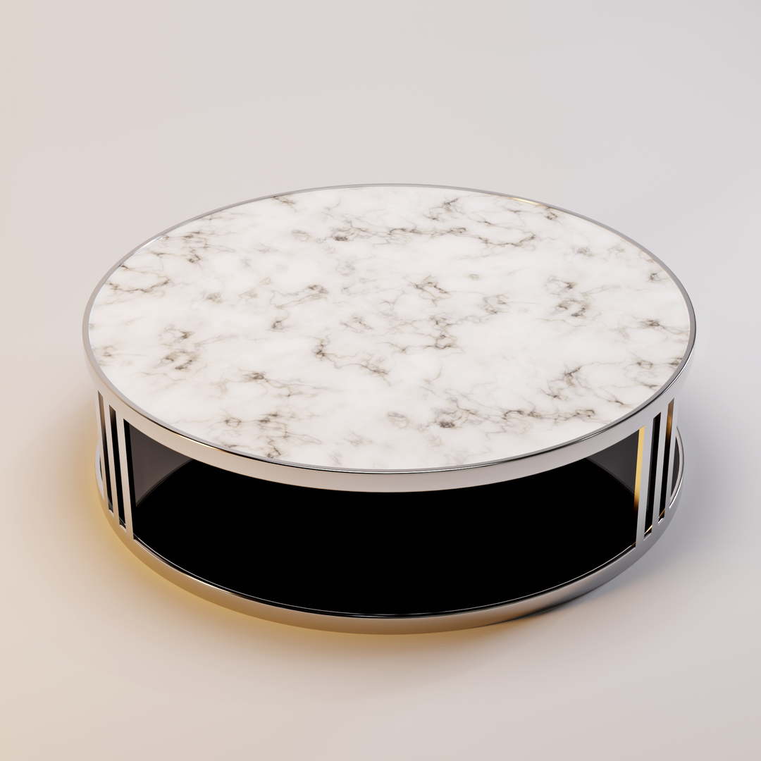 Salontafel Fabrio in wit marmer, rookglas en gepolijst metaal – productafbeelding