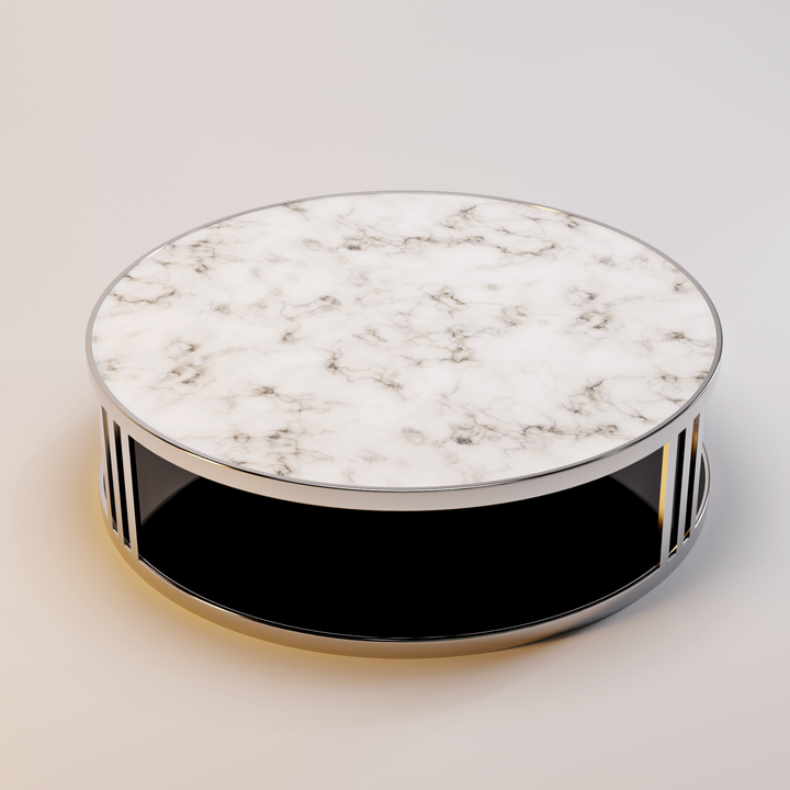 Salontafel Fabrio in wit marmer, rookglas en gepolijst metaal – productafbeelding