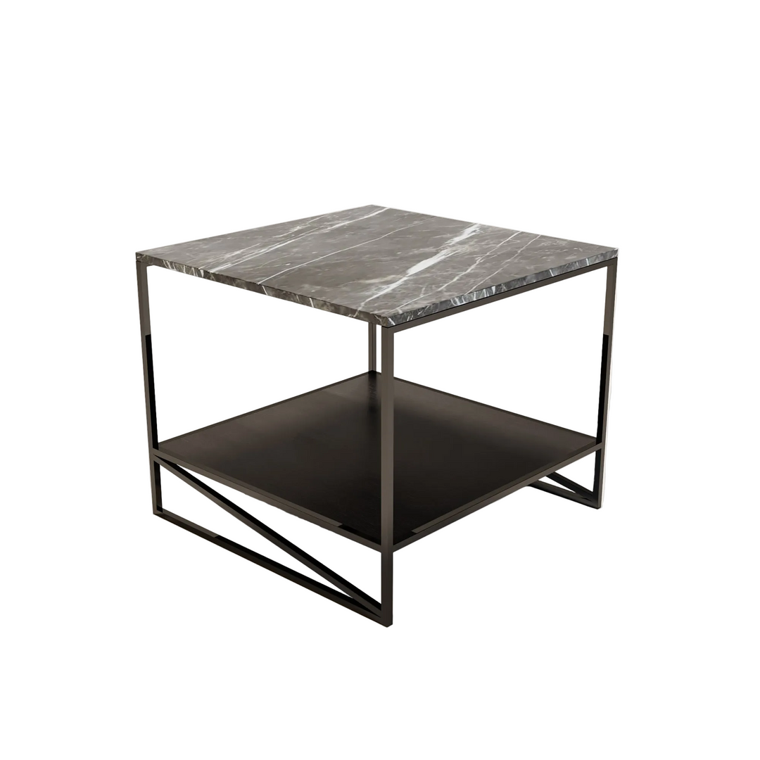 Bijzettafel Cocktail met marmeren blad en Gun Black Armani Bronze-afwerking, vrijstaand op een witte achtergrond.