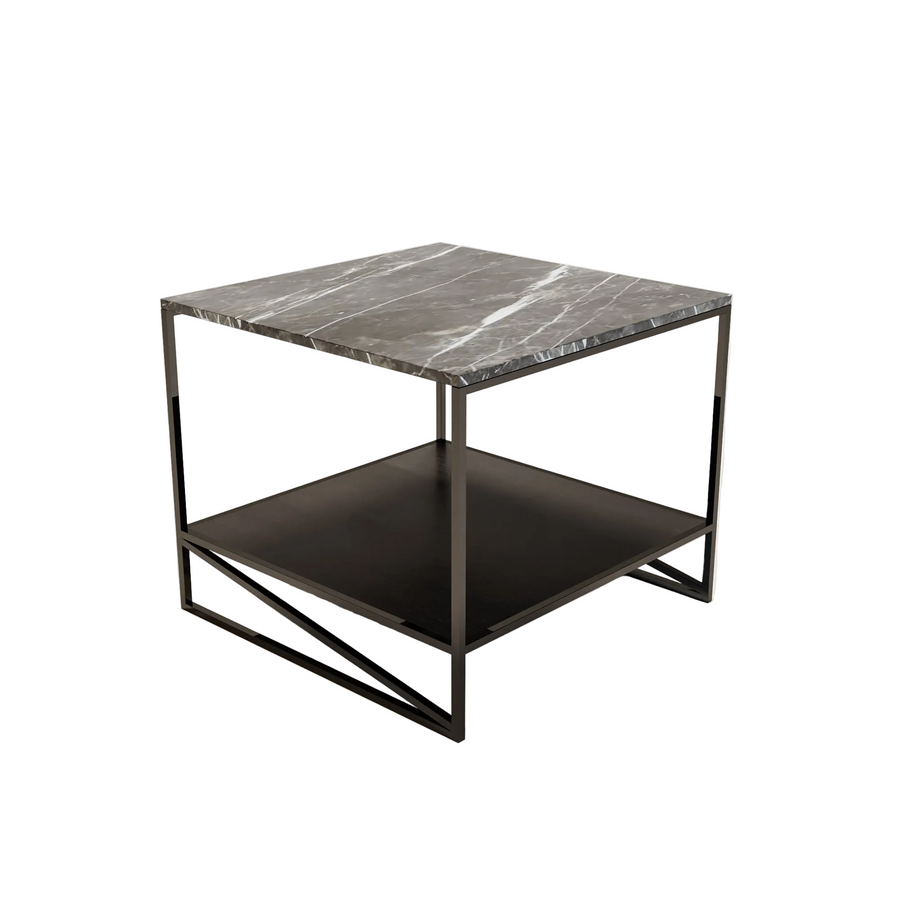Bijzettafel Cocktail met marmeren blad en Gun Black Armani Bronze-afwerking, vrijstaand op een witte achtergrond.
