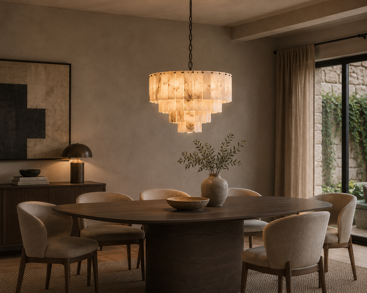 Kroonluchter Calabria in albast en metaal in een interieur