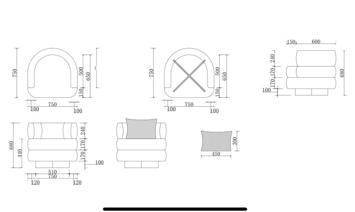 Technische tekening of productspecificaties van Fauteuil Lyon in witbeige