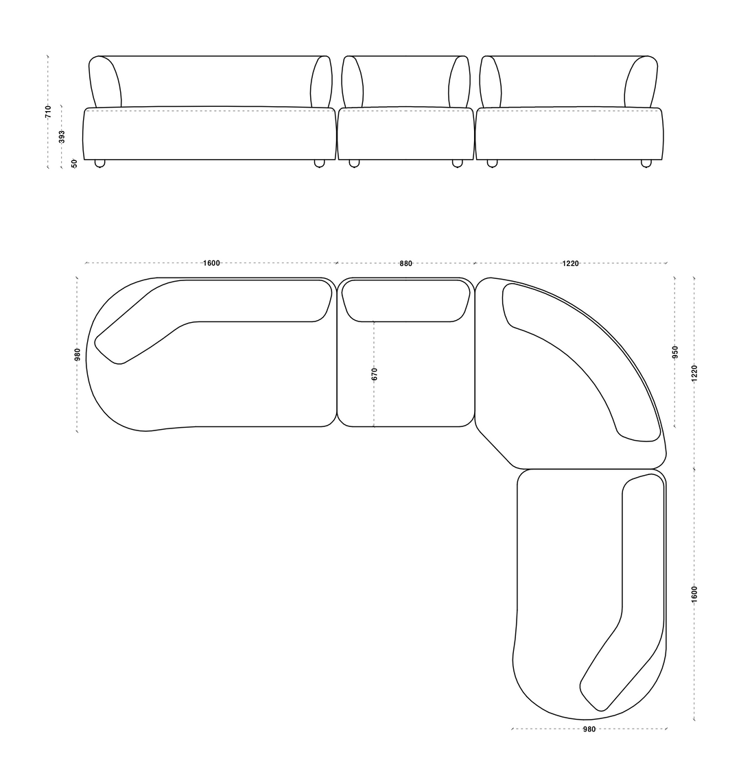 Technische tekening of productspecificaties van Bank Gabin in witbeige