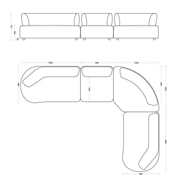Technische tekening of productspecificaties van Bank Gabin in witbeige