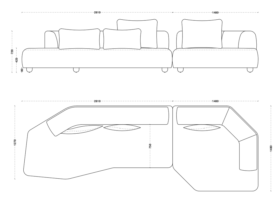 Technische tekening of productspecificaties van Loungebank Camille in witbeige