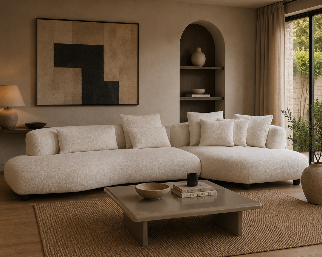 Loungebank Camille in witbeige in een interieur