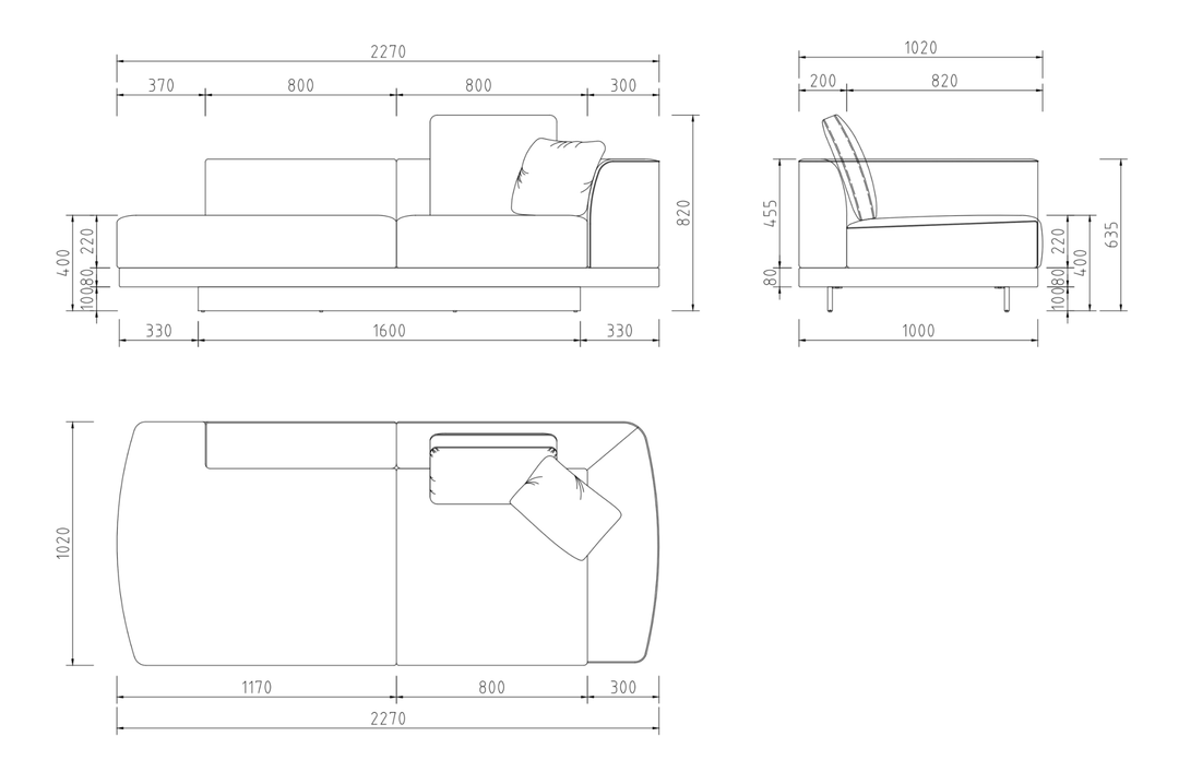 Technische tekening of productspecificaties van Chaise longue Gregorio in Greige