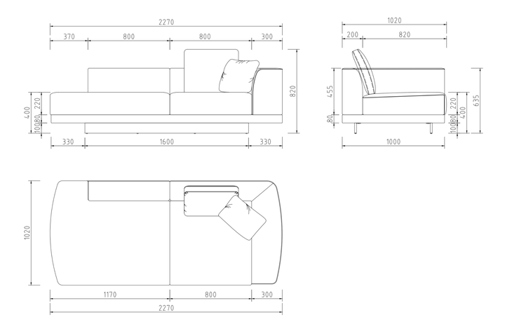 Technische tekening of productspecificaties van Chaise longue Gregorio in Greige