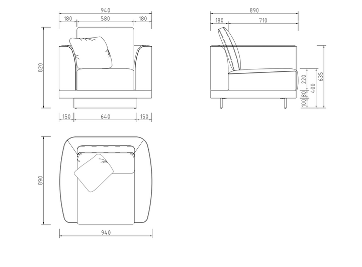 Technische tekening of productspecificaties van Fauteuil Gregorio in Greige