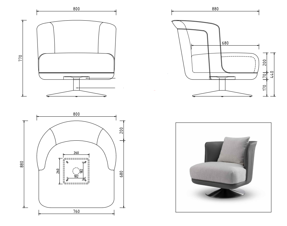 Technische tekening of productspecificaties van Draaifauteuil Gregorio in Greige