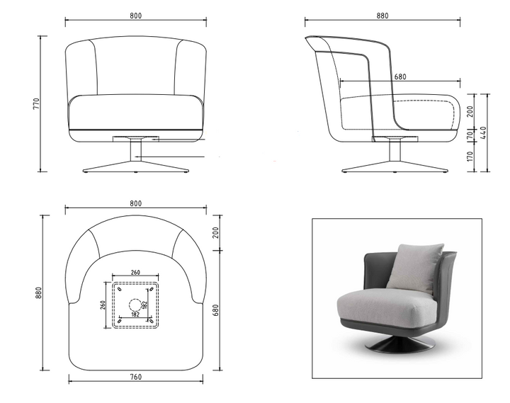Technische tekening of productspecificaties van Draaifauteuil Gregorio in Greige