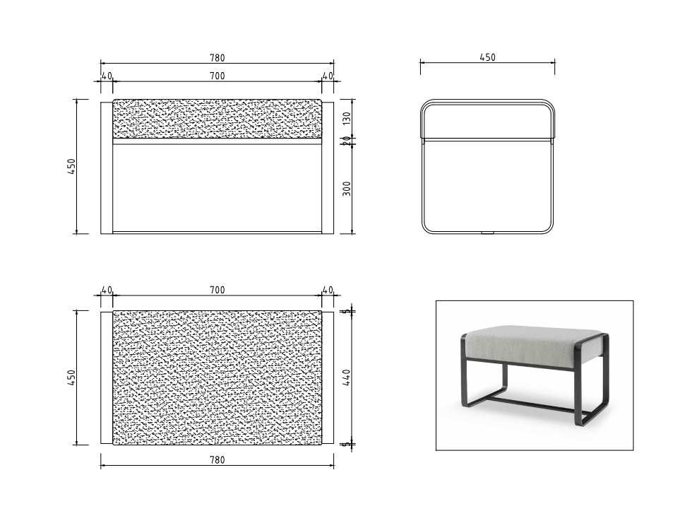 Technische tekening of productspecificaties van Poef Gregorio in greige stof, taupe grijs microleer