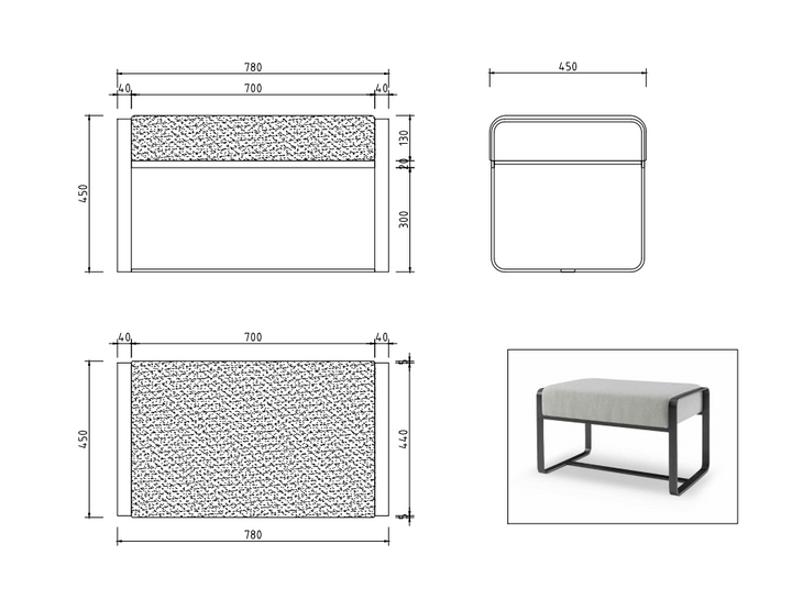Technische tekening of productspecificaties van Poef Gregorio in greige stof, taupe grijs microleer