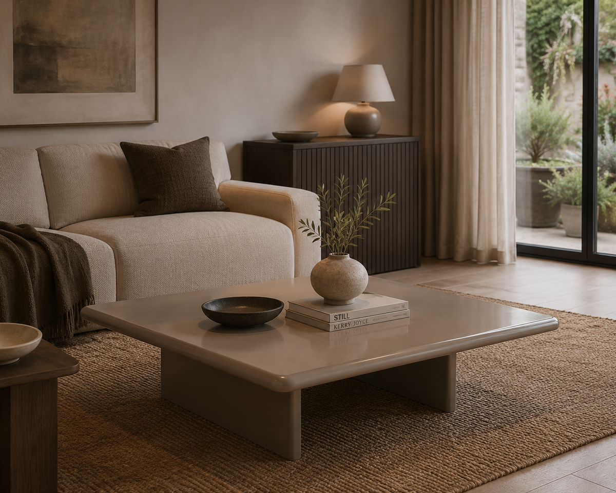 Salontafel Cameron in taupe hoogglans in een interieur